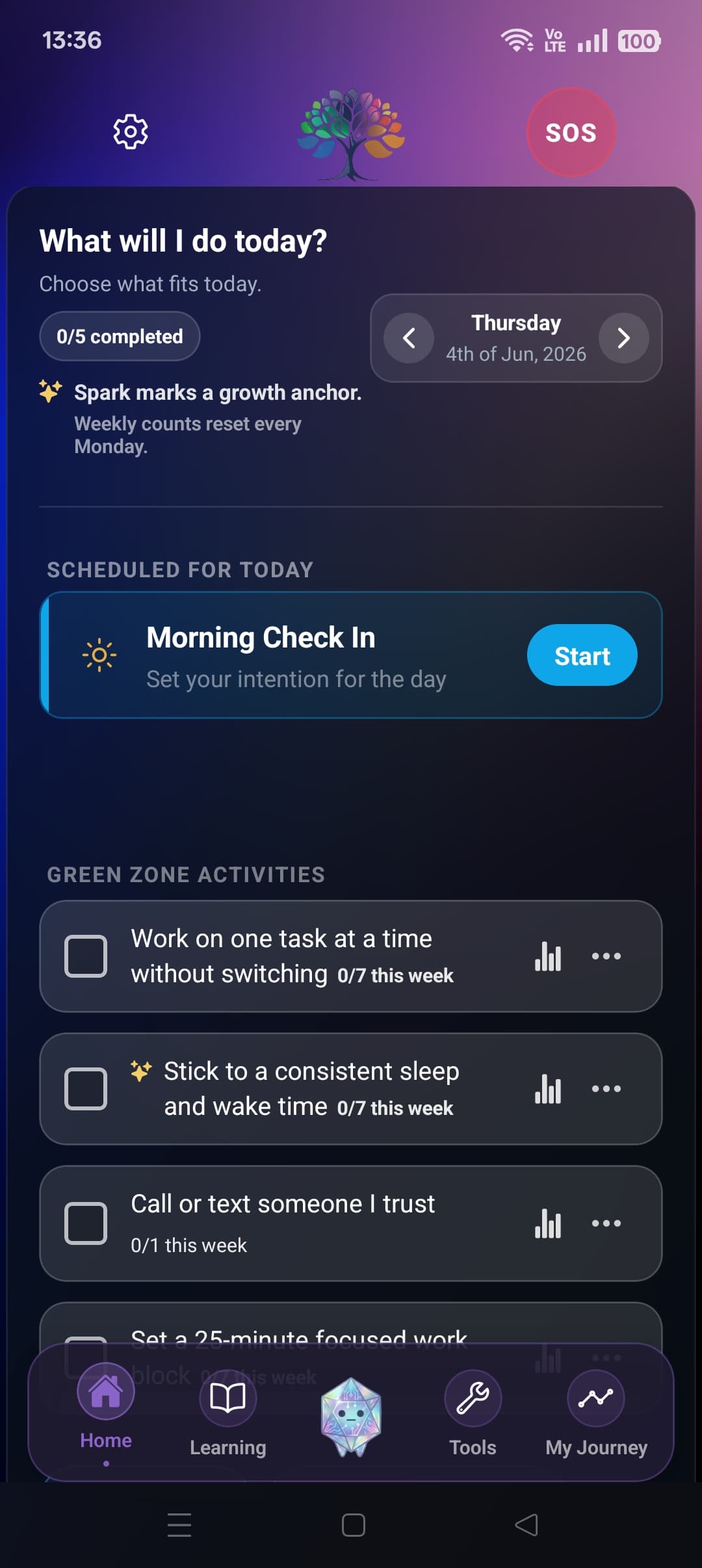 Jenora Daily Tracker screen showing today's path, tasks, and progress in one place.