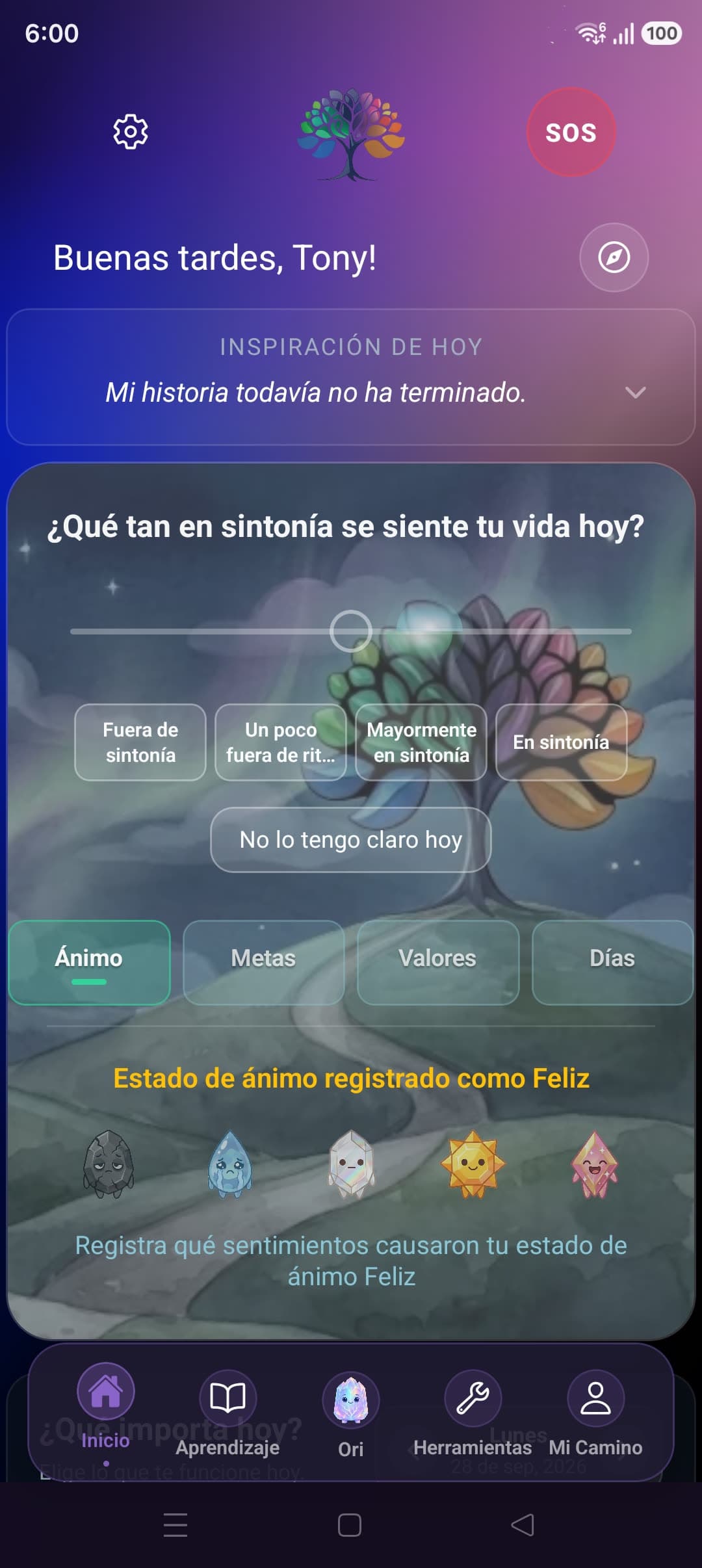 Pantalla de inicio de Jenora mostrando el check-in diario, "¿Qué tan en sintonía se siente tu vida hoy?", con las pestañas Ánimo, Metas, Valores y Días.