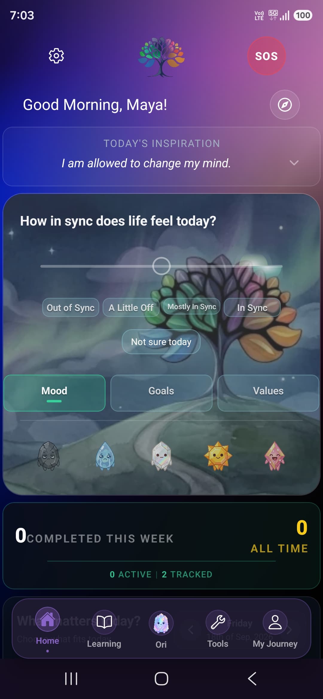 Jenora home screen showing the daily check-in, "How in sync does life feel today?", with Mood, Goals and Values tabs.