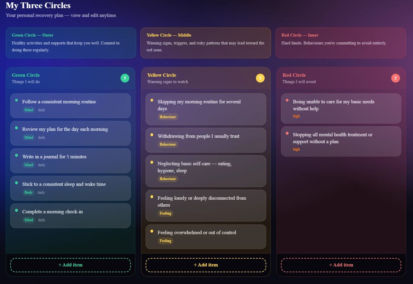 Vista del plan de Tres Círculos en la app web de Jenora