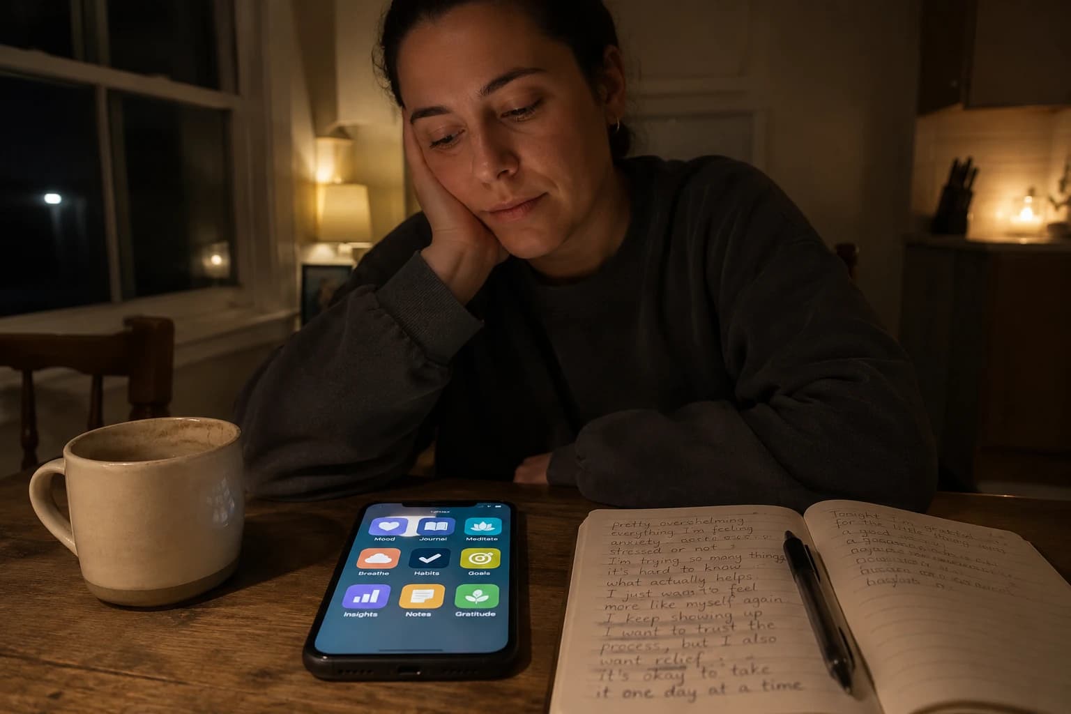 A person sitting alone at a kitchen table late at night, looking down at a phone showing wellness apps alongside an open handwritten journal — capturing the feeling of trying many tools without a clear system.