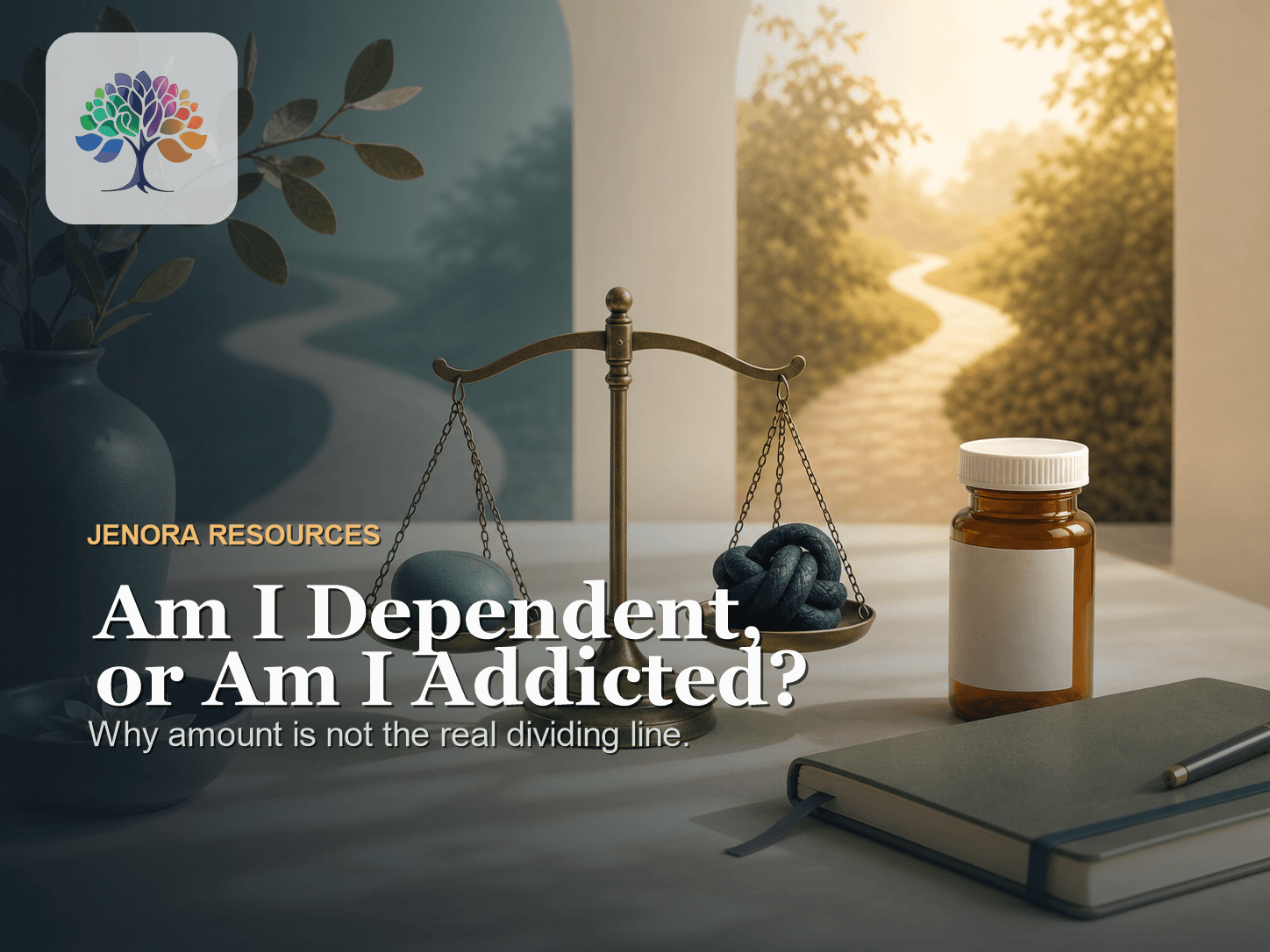 Balanced scale, journal, and prescription bottle illustrating the distinction between dependence and addiction