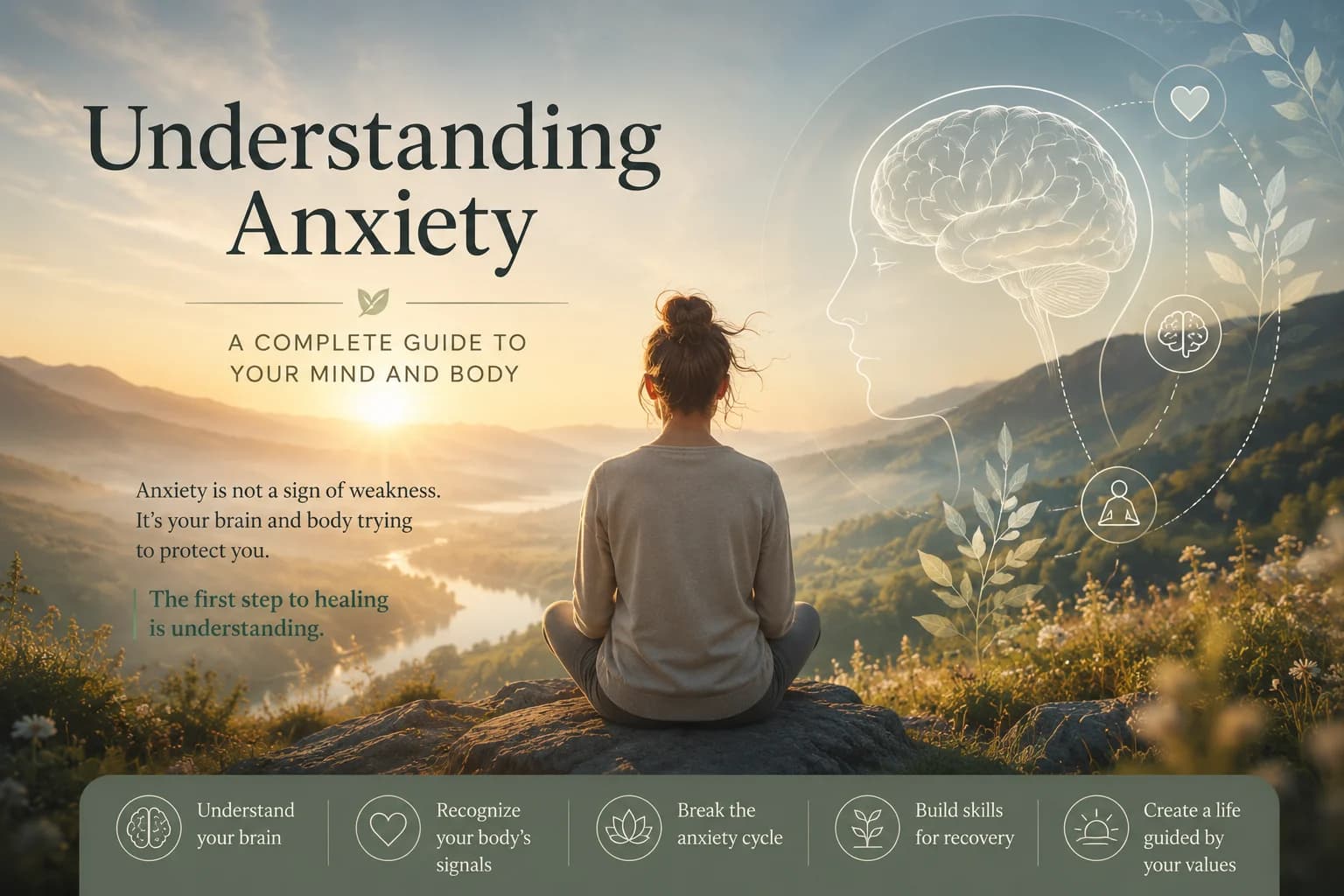 Understanding Anxiety hero image showing a person seated at sunrise with a brain and mind-body guide overlay