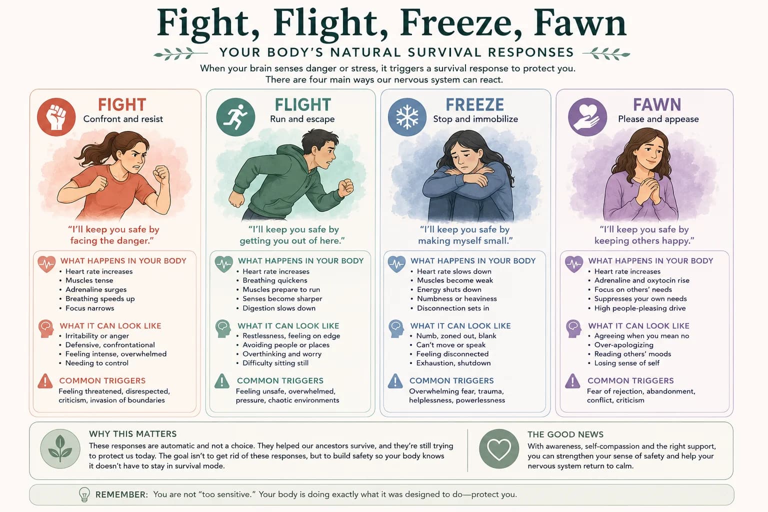 Fight, flight, freeze, and fawn survival responses