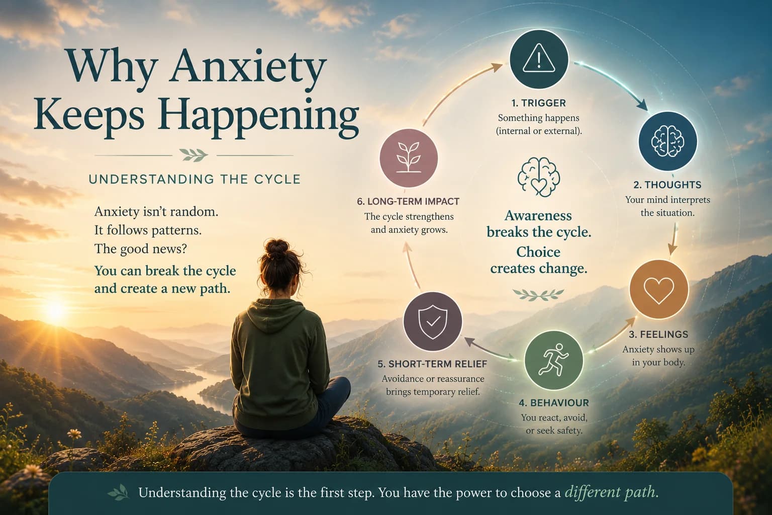 Why Anxiety Keeps Happening hero image showing the anxiety cycle and a new path forward