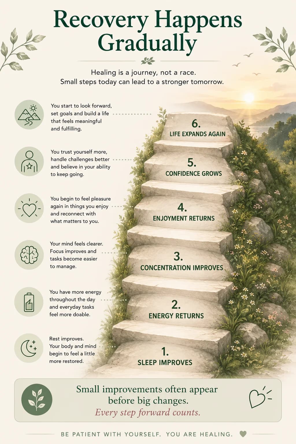 Recovery happens gradually through repeated healthy experiences
