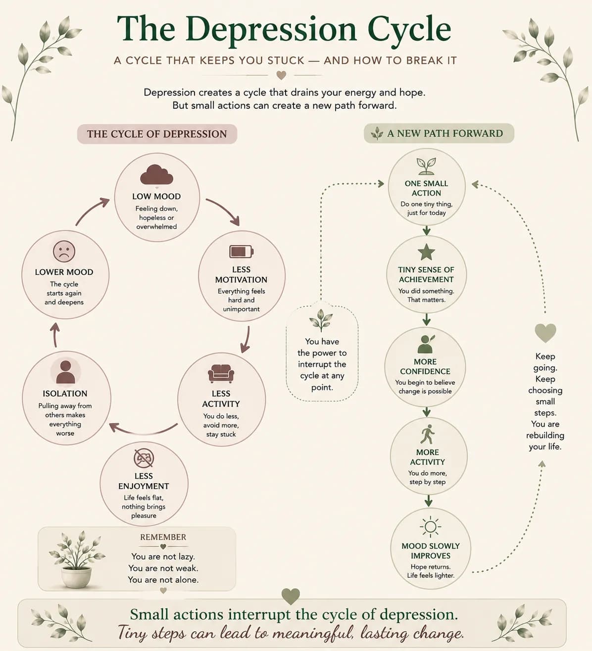 The depression cycle can link low mood, withdrawal, and reduced motivation