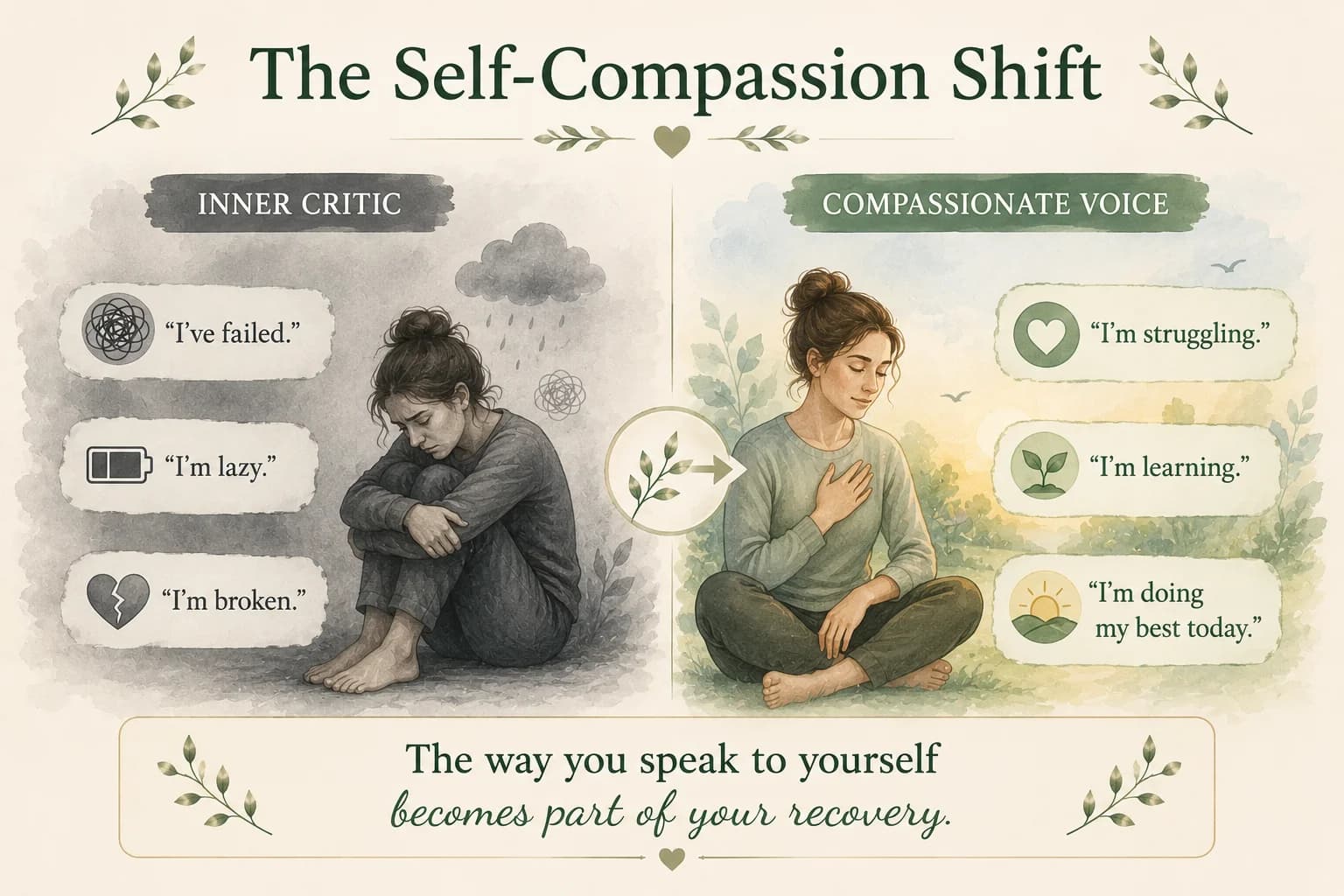 The self-compassion shift helps soften the inner critic during recovery