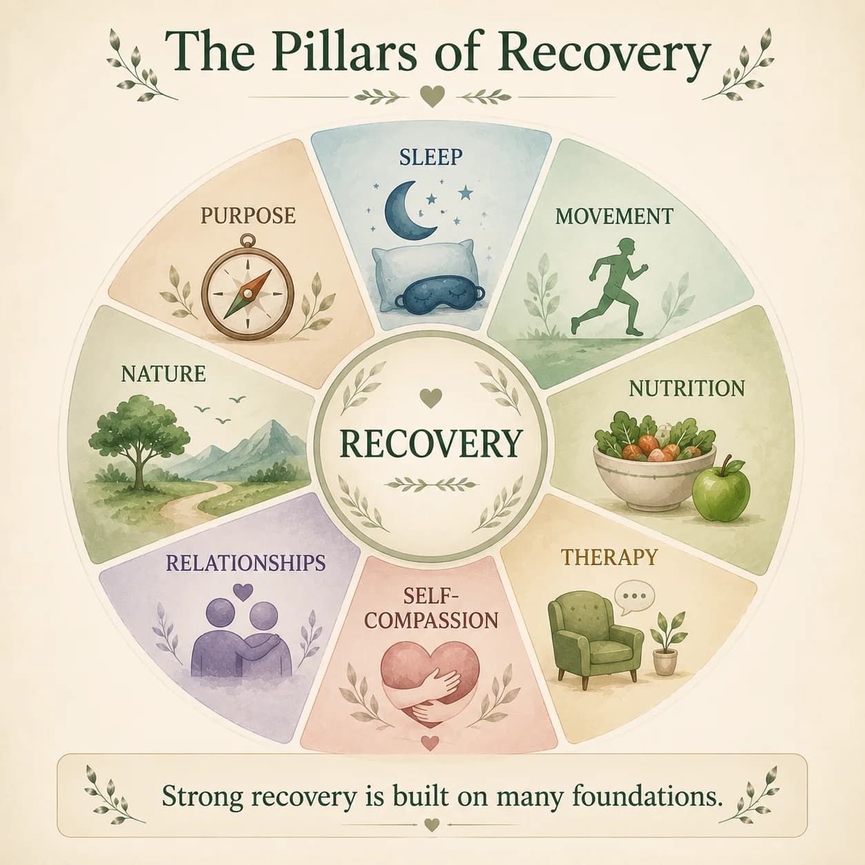 The pillars of depression recovery include therapy, lifestyle, connection, and compassion