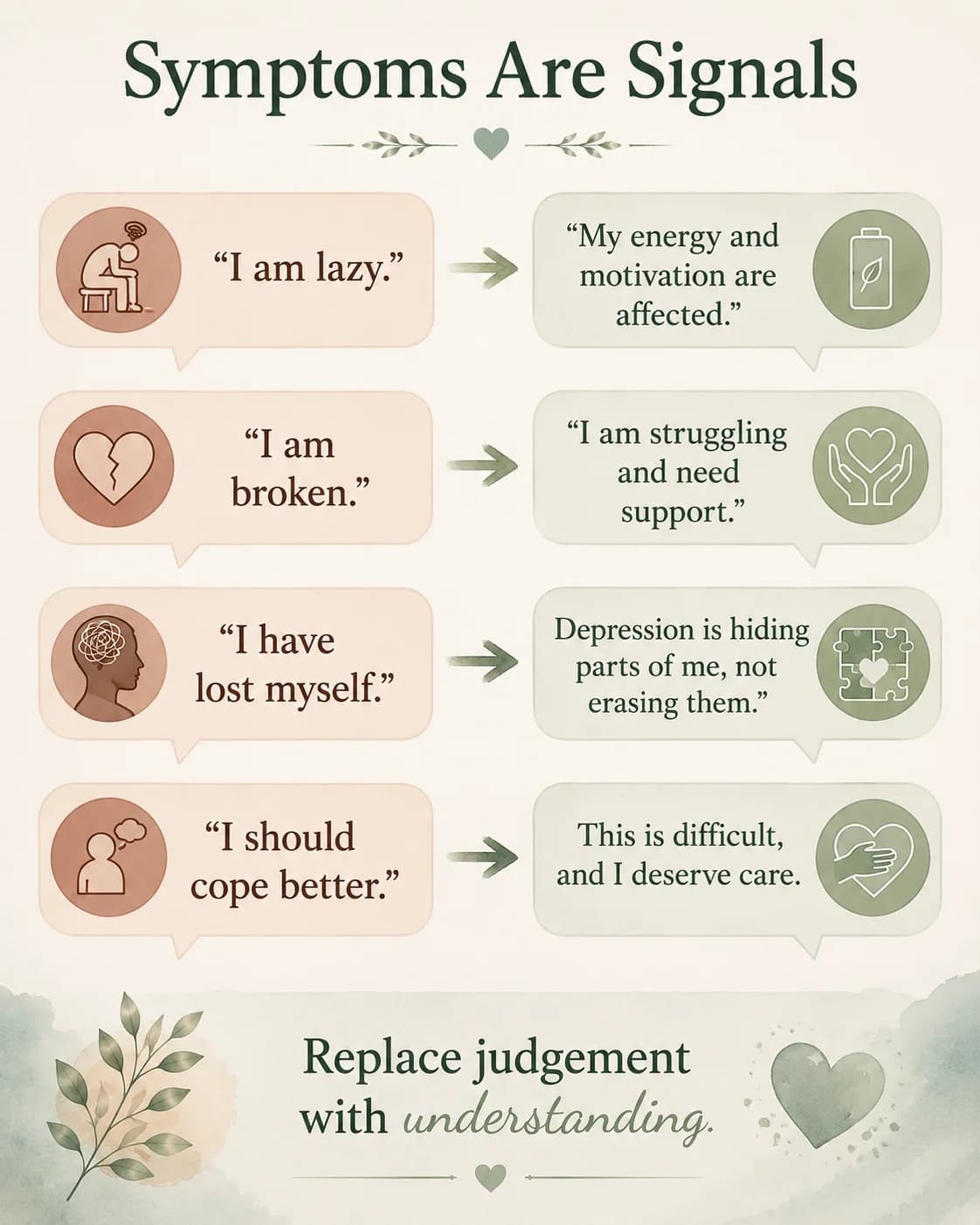 Symptoms are signals, not identity