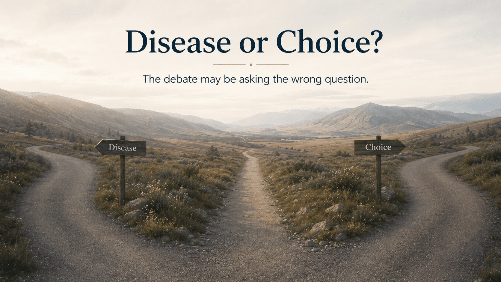 Fork in the road showing disease, choice, and a quieter third path between them